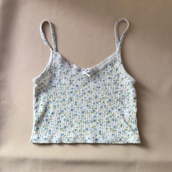 Brandy Melville Tops - Brandy Melville White Blue Floral Lace Trim Ribbed Cotton Cami Tank Top Small